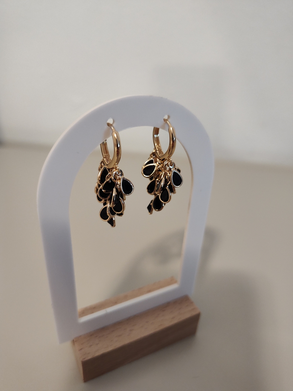 Gold Hoop Earrings with Black Teardrop Charms
